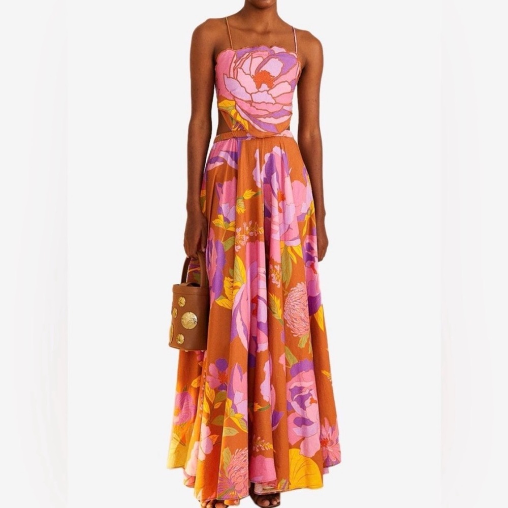 FARM Rio Pink, Orange & Yellow Floral Maxi Dress with Spaghetti Straps